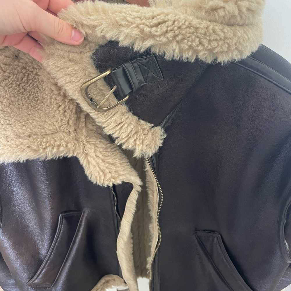 Brown Shearling-Lined Aviator Jacket with Tan Fur… - image 3